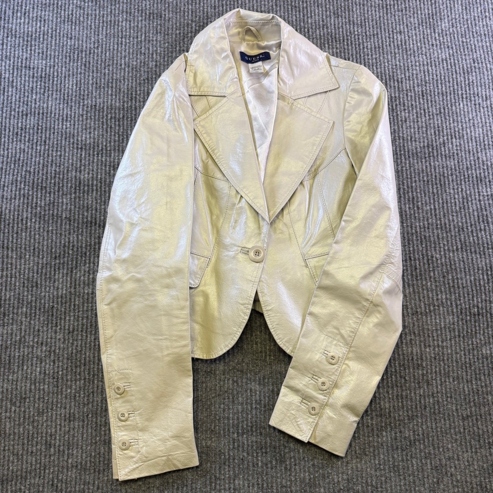 GUESS LEATHER BLAZER JACKET SIZE MEDIUM CREAM OFF WHITE METALLIC GENUINE LEATHER